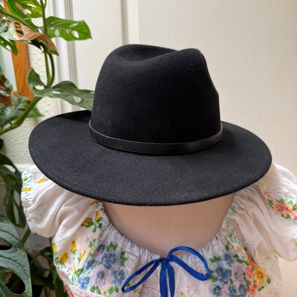 Pre-owned Free People Black 100% Wool Pinch Front Western Hat